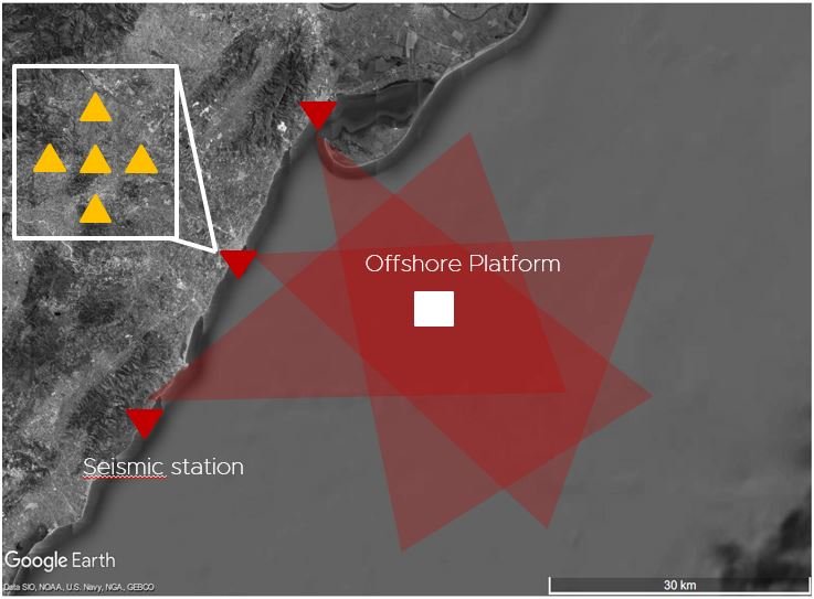 Real-time microseismic monitoring of offshore industrial sites